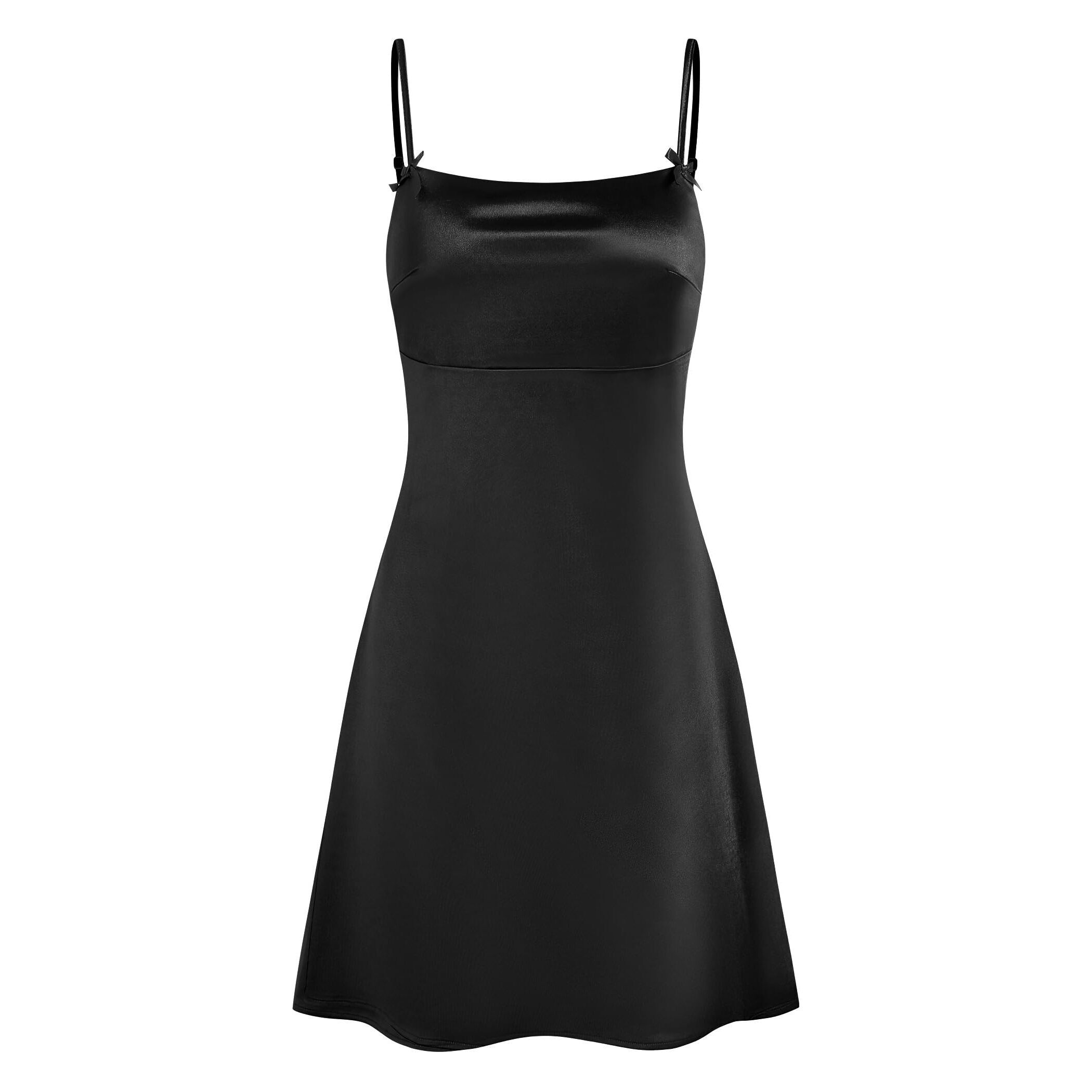 3896 Bow Spaghetti Strap Satin Dress Solid Color Sleeveless Short Cute